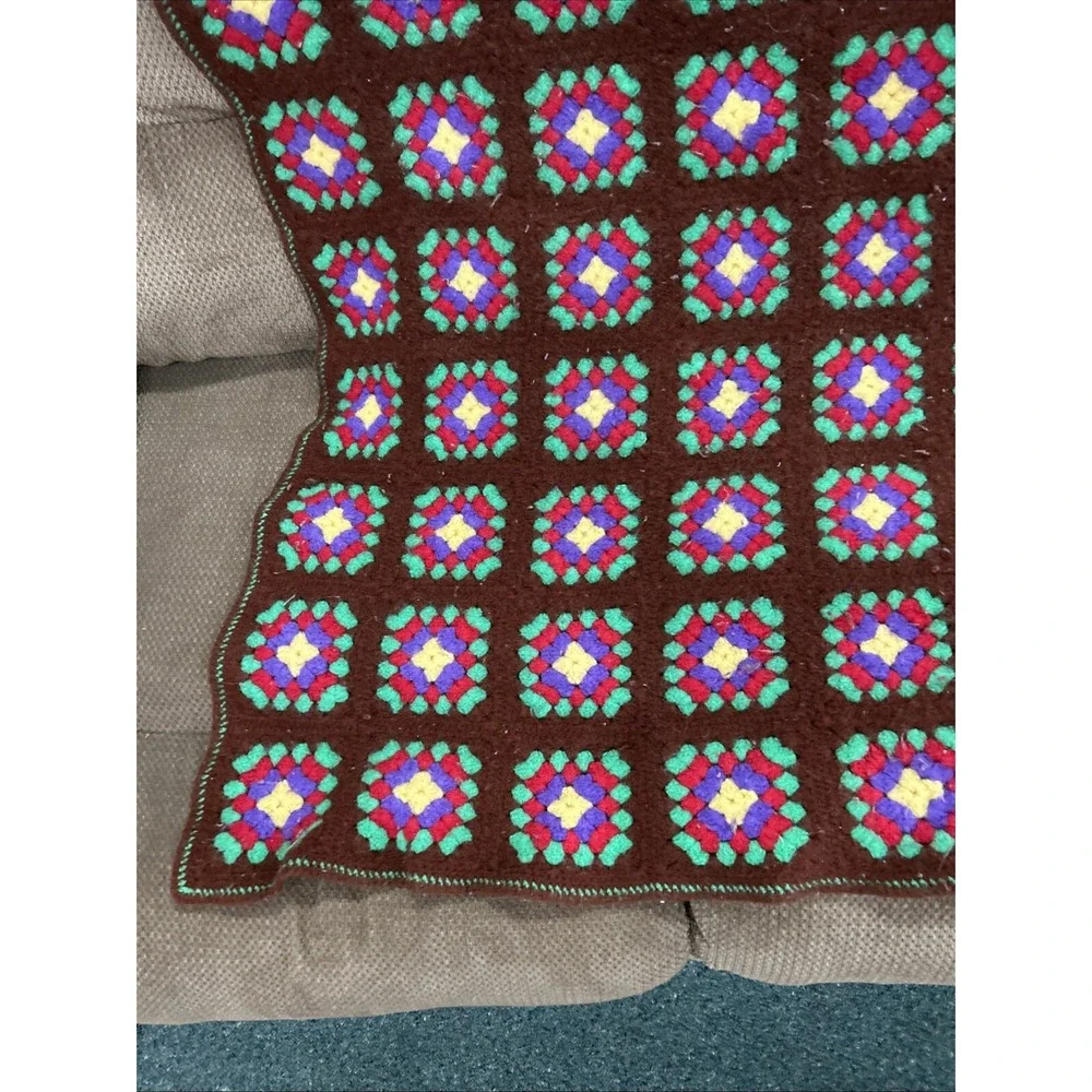 Vtg 70s Brown Multicolor Flower Square Afghan Blanket Granny Crochet Throw 48x60